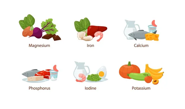 Food enriched in vitamins and minerals magnesium, iron, calcium and potassium. Vitamin food nutrition cartoon vector set — Image vectorielle