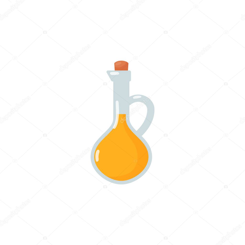 Extra virgin olive oil glass bottle. Plant oil in glass jar or little jug, corked. Cartoon vector illustration.