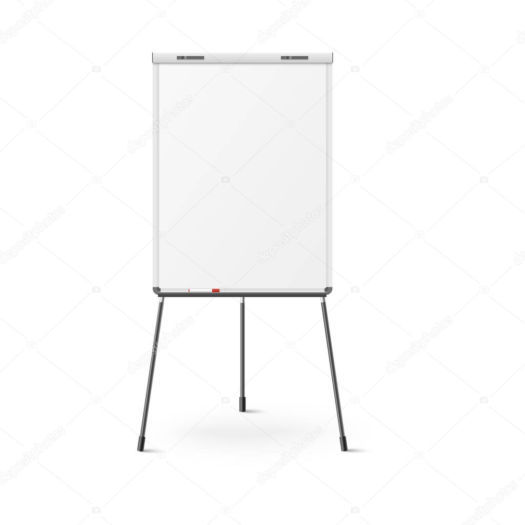 Flip chart with blank papers on tripod, realistic vector illustration isolated.