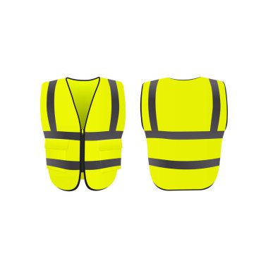 Yellow safety vest with black tape, front and back view, vector 3D mockup. Fluorescent bright construction worker jacket