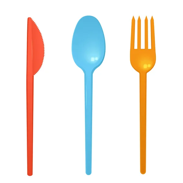 Plastic fork, knife and spoon in realistic style, vector illustration isolated on white background. — стоковый вектор