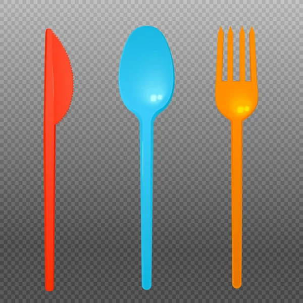 Plastic colored cutlery, realistic vector illustration isolated on transparent. — Image vectorielle