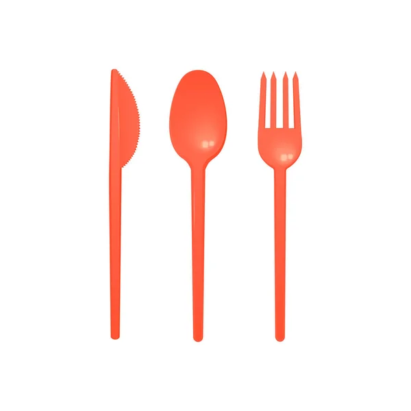 Red plastic cutlery set of fork, spoon and knife mockup, 3D vector isolated. — Stockvektor