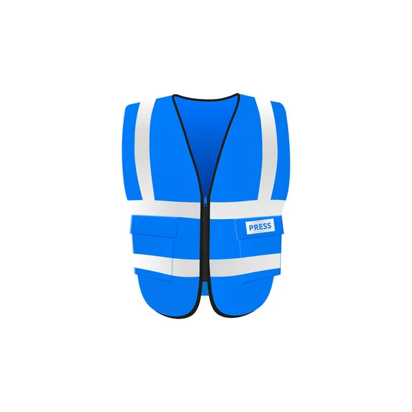 Blue safety vest, 3D realistic mockup front view. Bright jacket uniform with reflective tape to work at night. — Stok Vektör