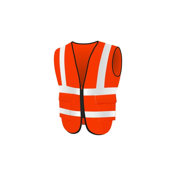 Red safety vest with reflective details, perspective isometric view. Construction worker jacket 3D vector mockup. — Stockvektor