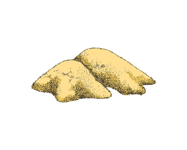 Bubuk rempah-rempah kuning di tumpukan, sketsa bertekstur butir vektor. Bumbu akar India atau jahe, ilustrasi vintage - Stok Vektor