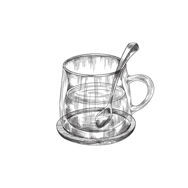 Indian tea in a glass cup, sketch vector illustration. Transparent mug of herbal or masala tea, engraved style drawing. — Stock Vector