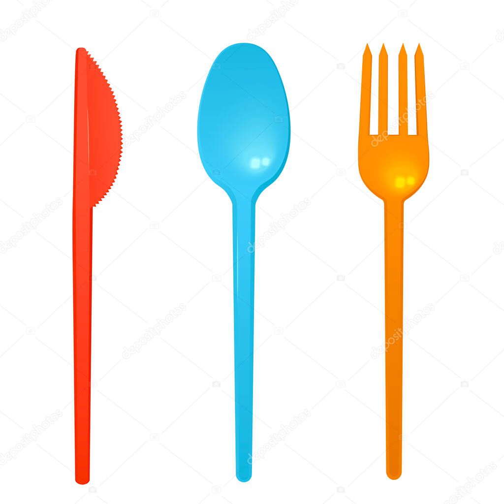 Plastic fork, knife and spoon in realistic style, vector illustration isolated on white background.