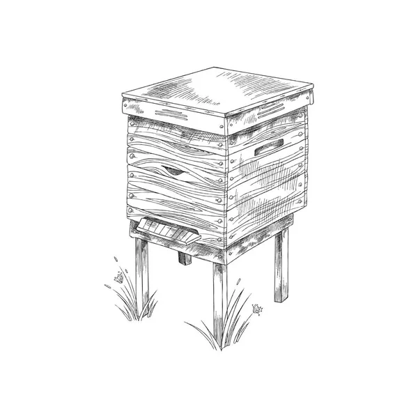 Медовые пчелы деревянный улей, ручная гравировка векторная иллюстрация изолированы. — стоковый вектор