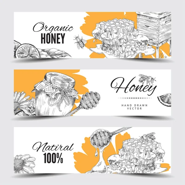 Honig Banner oder Flyer Set mit handgezeichneten Elementen, Vektorillustration. — Stockvektor
