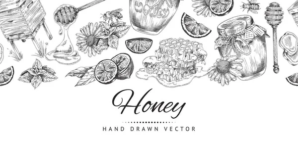 Honig reproduzierbarer handgezeichneter Hintergrund mit Honiggläsern, Vektorillustration. — Stockvektor