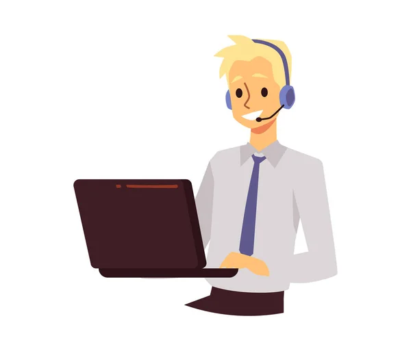 Trabalhador de atendimento ao cliente com laptop, fones de ouvido e microfone, ilustração vetorial plana isolada em fundo branco. — Vetor de Stock
