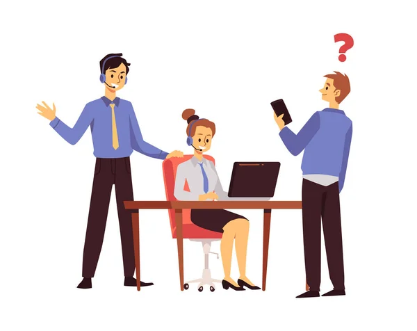 Kundendienstmitarbeiter helfen Kundenmann mit Fragezeichen, flache Vektordarstellung isoliert auf weißem Hintergrund. — Stockvektor