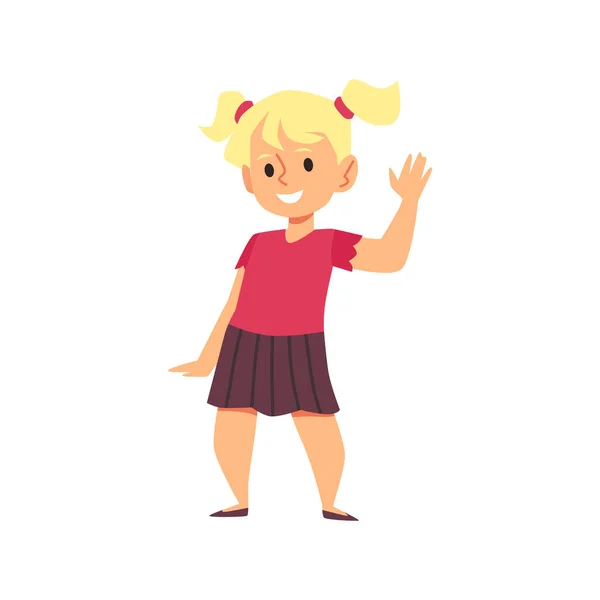 Kleine blonde meisjes met staartjes zwaaiend met hallo, kleuterschool kinderopvang karakter ontwerp. wit meisje zwaaien dag en glimlach. — Stockvector
