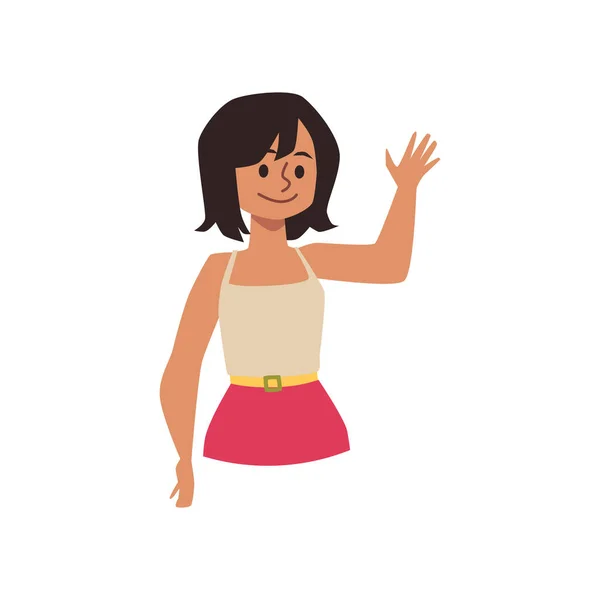 École ou préscolaire fille agite sa main en saluant, souriant personnage d'enfant — Image vectorielle