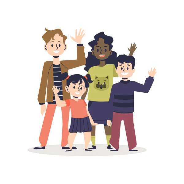 Manos de niño saludando o despidiéndose, grupo de diferentes personajes de dibujos animados — Vector de stock