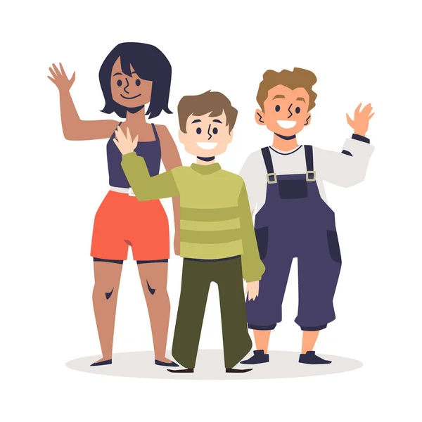 Tres niños saludando mano, ilustración vectorial de dibujos animados. Adolescentes y niños grandes saludan o adiós, personaje del campamento de verano. — Vector de stock