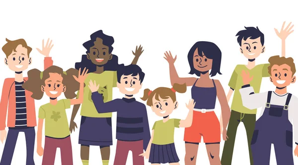 Diverse kinderen zwaaien hallo of dag. Gelukkige kinderen of scholieren zwaaiende hand, cartoon clipart. Kinderopvang groep van kinderen. — Stockvector