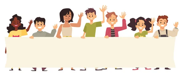 Les enfants tiennent une bannière ou une affiche vierge, agitant la main, geste de salutation dans un vecteur plat — Image vectorielle