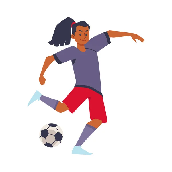 黑人女足球运动员的化身。西班牙裔女人，留着马尾辫踢足球，踢球。病媒图解. — 图库矢量图片