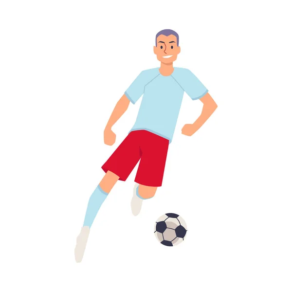 성인 축구 선수가 공을 들고 언제 든 총을 쏠 수있는 만화 배우 아바타와 달리고 있습니다. 공을 차는 남자 앞에서. — 스톡 벡터