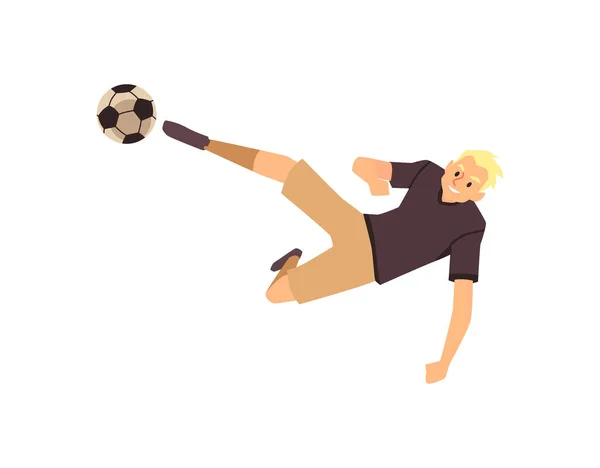 Футболист пинает мяч в прыжке или захвате. Футболист блондин человек мультфильм аватар. Плоская векторная иллюстрация. — стоковый вектор