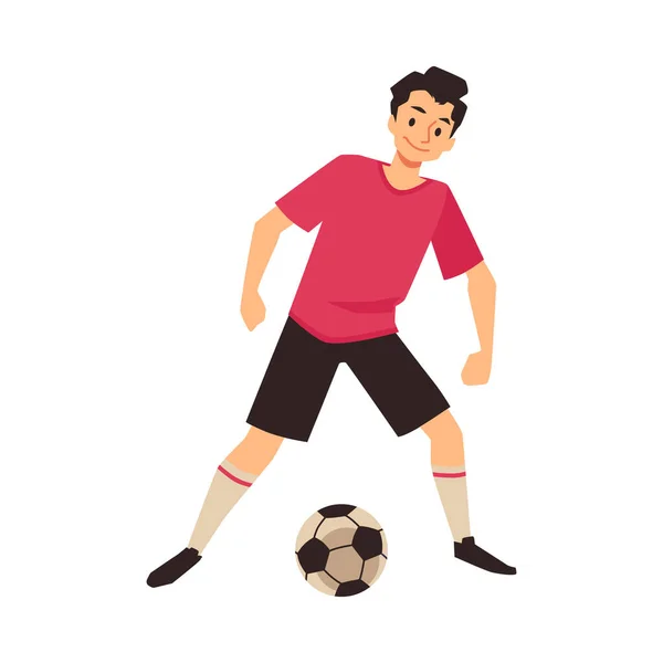 ボールとサッカー選手,ユニフォームの少年選手は平らなベクトルで訓練されています — ストックベクタ