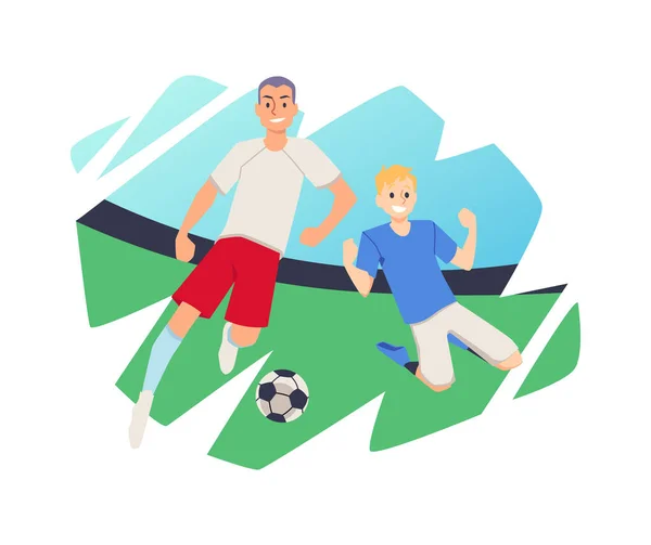 Jogadores de futebol ou futebol correndo atrás de bola plana vetor ilustração isolado. — Vetor de Stock