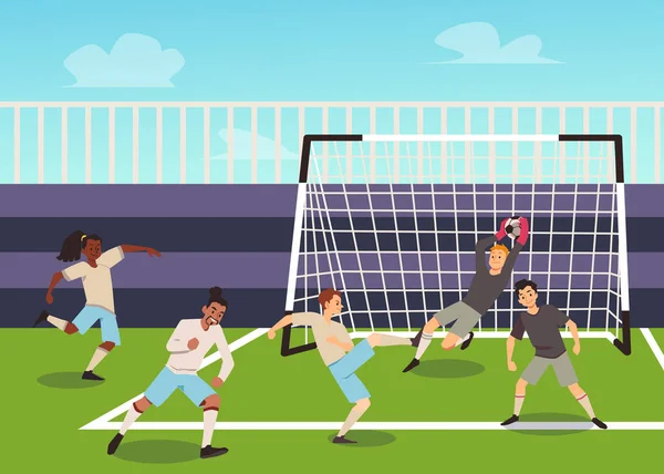 Fútbol o fútbol partido o competición en el estadio, ilustración vectorial plana. — Archivo Imágenes Vectoriales