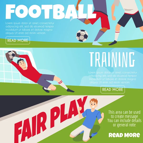 足球和足球横幅或有运动员的传单，平面矢量插图. — 图库矢量图片