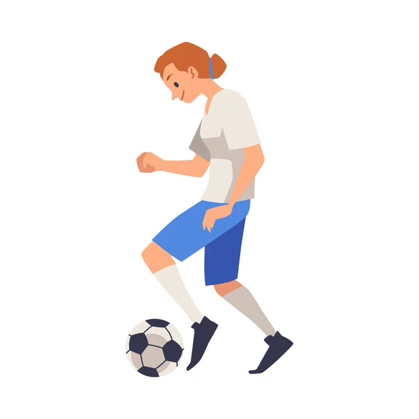Vector ilVoetbalspeler vrouw of meisje schoppen bal, platte vector illustratie geïsoleerd — Stockvector