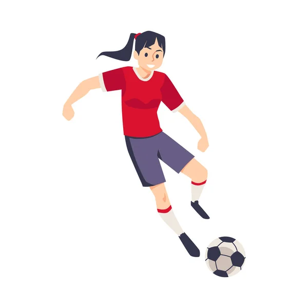 Dziewczyna gracz w mundurze sportowym gra w piłkę nożną, bramkę z piłką w mieszkaniu — Wektor stockowy