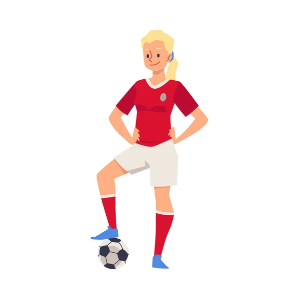 Белая блондинка-футболистка стоит в равновесии с руками на бедрах и одной ногой на мяче. Векторная иллюстрация. — стоковый вектор
