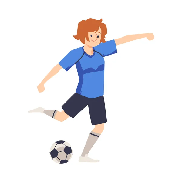 Donna calcio o calciatore segnando un gol, illustrazione vettoriale isolato. — Vettoriale Stock
