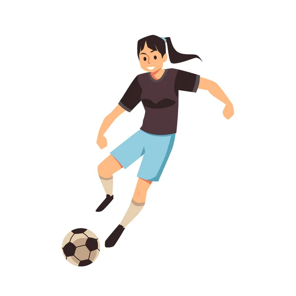 スポーツ制服の女の子選手は、ベクトルイラストでボールとサッカーをプレイ — ストックベクタ