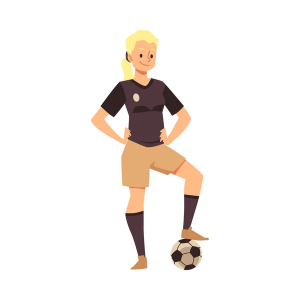 Meisje voetballer staat met zijn voet op de bal in platte vector illustratie — Stockvector