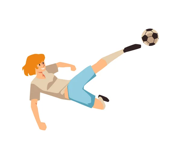 Женщина футболист прыгать и снасти, удар мяч. Женский футбол, мультипликационная векторная иллюстрация. — стоковый вектор