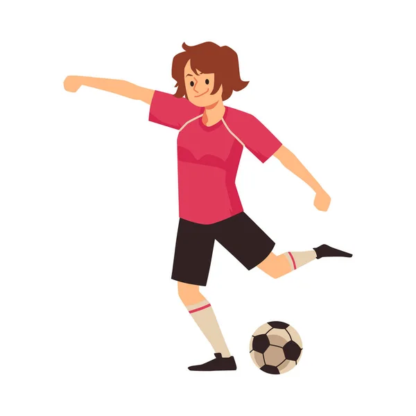 Piłka nożna dziewczyna kopnąć piłkę. Piłka nożna kobiet lub piłka nożna sport awatar kreskówki. Kobieta kopie piłkę i gra w piłkę nożną — Wektor stockowy