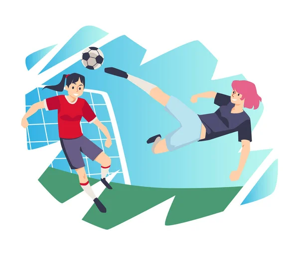 Giocatrici di calcio giocano a calcio sul campo in illustrazione vettoriale piatta — Vettoriale Stock