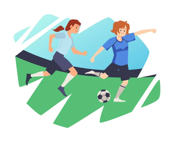 Soccer or football female players at stadium, flat vector illustration isolated. — Stock Vector