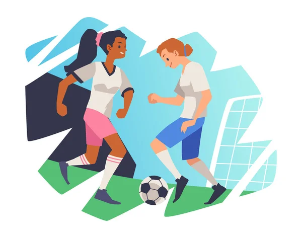 Las jugadoras de fútbol juegan al fútbol, driblan, pasan, patean la pelota en vector plano — Archivo Imágenes Vectoriales