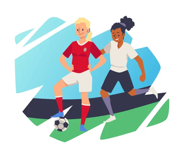 ボールを持つ女性サッカーやサッカー選手,フラットベクトルイラスト孤立. — ストックベクタ