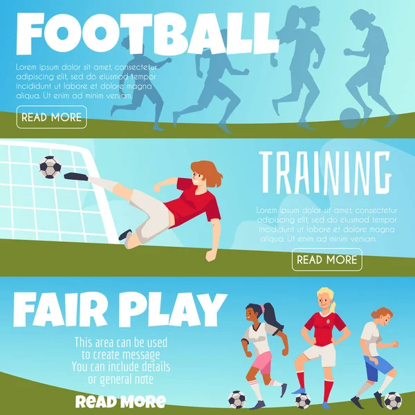 女子足球和足球比赛横幅，平面矢量插图. — 图库矢量图片