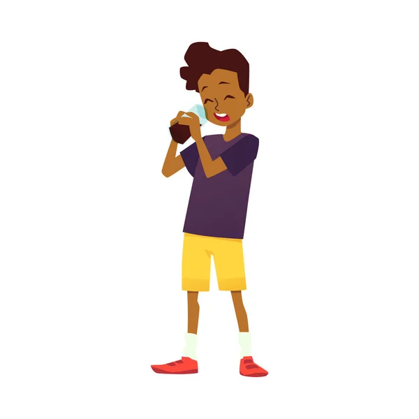 African American boy dricka läsk cola vatten platt vektor illustration isolerad. — Stock vektor