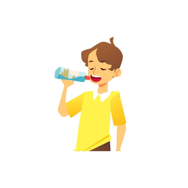 Criança menino bebendo água pura de garrafa plana vetor ilustração isolado. — Vetor de Stock