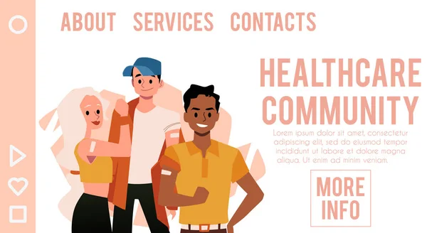 Νέοι εμβολιάστηκαν για COVID, banner ιστοσελίδα της κοινότητας υγειονομικής περίθαλψης. Μαύρο αρσενικό και λευκό θηλυκό δείχνουν επίδεσμο στο χέρι. — Διανυσματικό Αρχείο