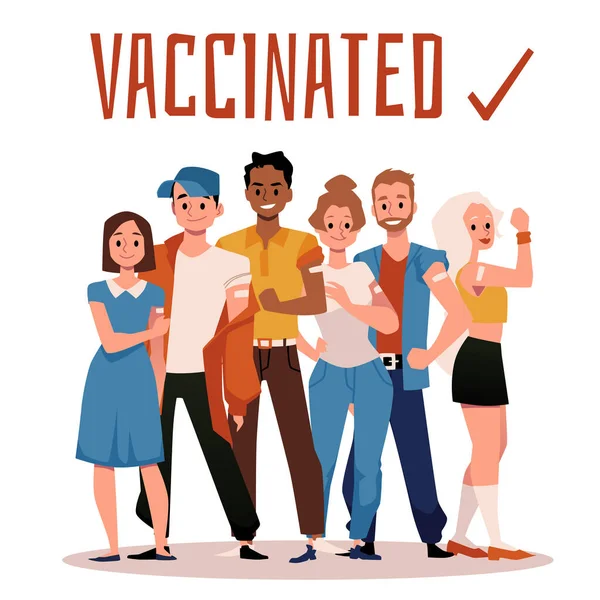 Ομάδα από χαρούμενους εμβολιασμένους ανθρώπους στέκονται δείχνοντας επίδεσμο στα χέρια τους. αφίσα εμβολίου Covid, διανυσματική απεικόνιση. — Διανυσματικό Αρχείο