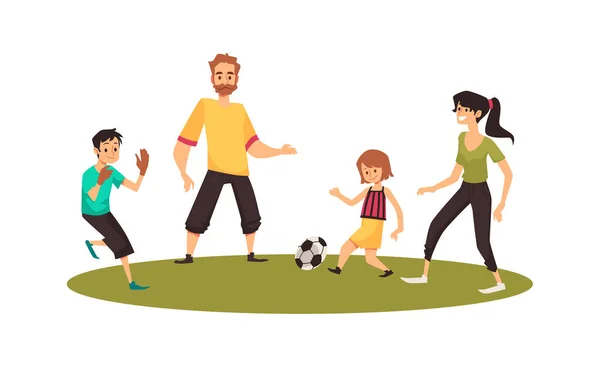Rodzina gra w piłkę nożną razem na trawie, płaski wektor ilustracji izolowane. — Wektor stockowy