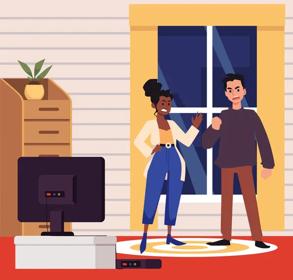 Couple of man and woman fighting and arguing in the living room, flat vector illustration. — Stock Vector