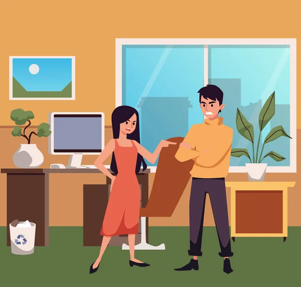 Man and woman arguing and conflicting in office, flat vector illustration. — Stock Vector